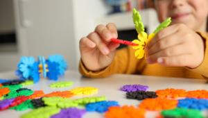 Young boy using toys for the development of fine motor skills and creative thinking