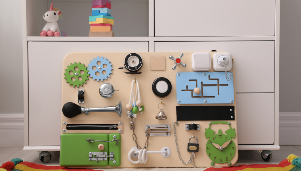 sensory items in front of a drawers