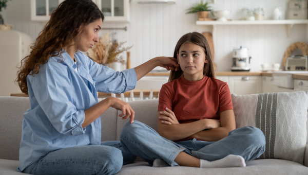 Young Loving Supportive Mother Looking at Teen Daughter, Mom Cheering up Teen